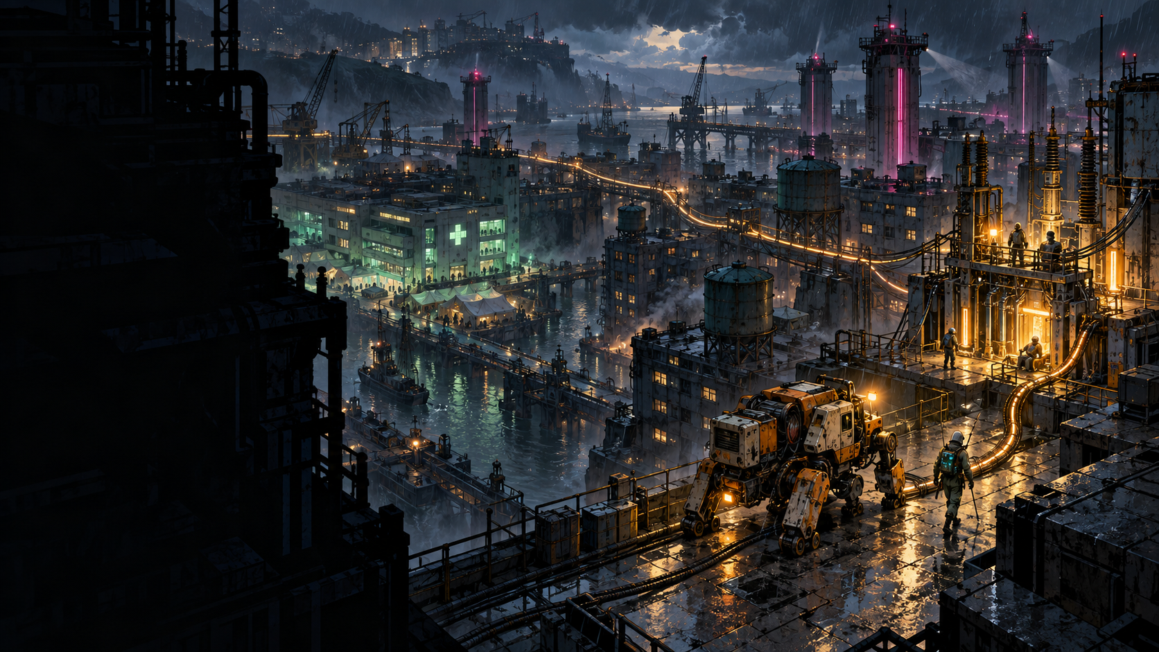 断电盟约本版原创雨夜港城与作业机甲插画，非游戏截图